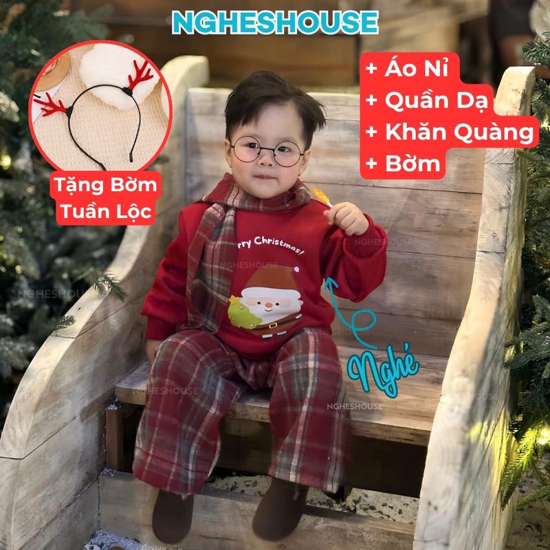   TẶNG BỜM+KHĂN  Bộ Noel Áo Nỉ Quần Dạ 4 Món Cực Yêu Dành Cho Bé Trai Bé Gái NO12 