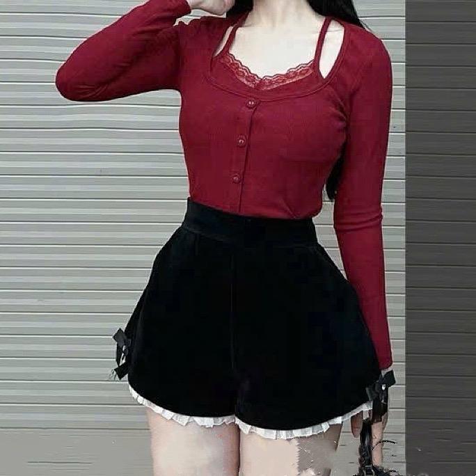 Quần váy xoè xếp ly lưng cao phối ren mẫu mới Nữ Trắng Đen 7