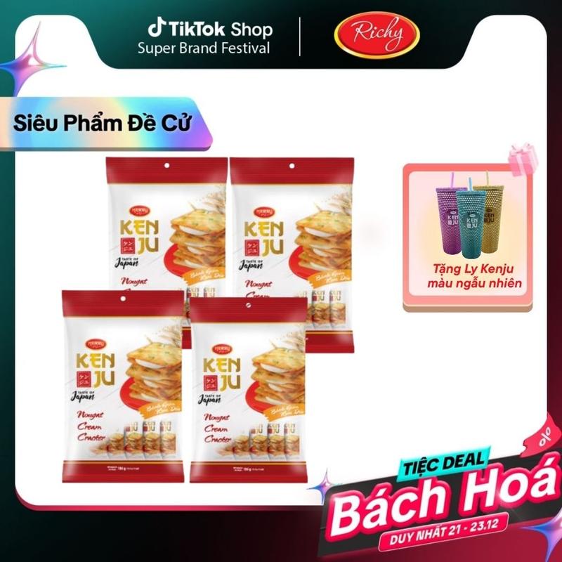   ƯU ĐÃI THÁNG 11 TẶNG 1 LY KENJU NGẪU NHIÊN  Combo 4 túi bánh quy Nougat kem dẻo Kenju 186g Snack Ăn Vặt 