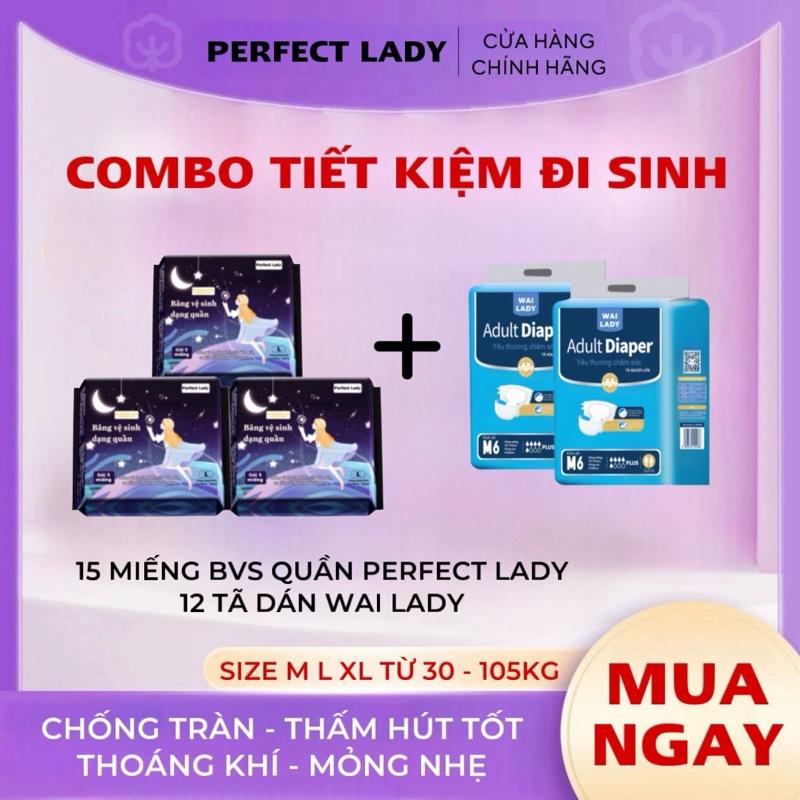 【COMBO 1 PHÚC LỢI TIẾT KIỆM CHO MẸ BẦU 3 gói 15 miếng Băng vệ sinh dạng quần PERFECT LADY + 2 gói 12 miếng Tã dán người lớn WAI LADY
