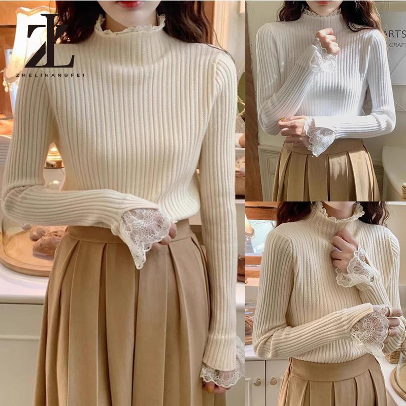  Áo len dệt kim dài tay ren chắp vá nửa cổ cao mùa thu Hàn Quốc 