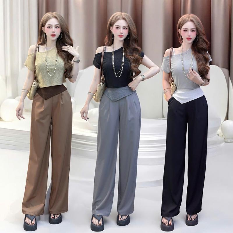 ( Quần dài 102cm ) Set quần áo CRAZYTEEN S6138 gồm áo kiểu form rộng và quần suông để đi chơi ( Áo form rộng/ Quần suông/ Áo dây vạt lệch ) Set đồ