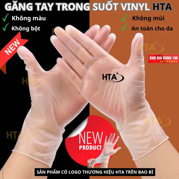 Găng Tay HTA Trong Suốt Vinyl Dai Dẻo - Đủ 100 Chiếc - Size S M L - Chống Nước Chống Rách - An Toàn Cho Da - Dùng Cho Thực Phẩm Spa Phun Xăm Thẩm Mỹ