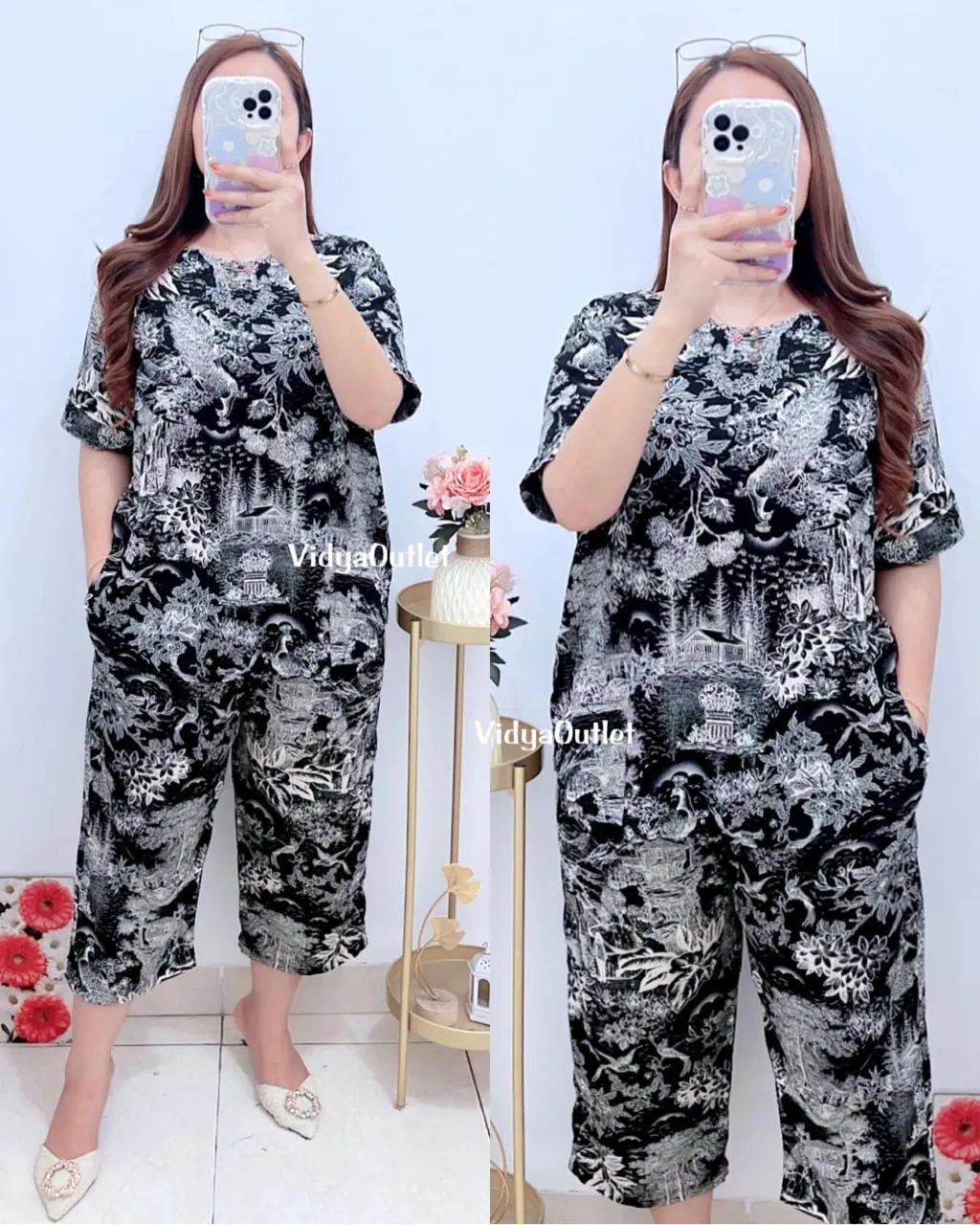 VIDYA - Setelan Sissy 136565 Set 7per8 Stelan Santai Lengan Pendek Rayon Motif Viral Baju Tidur Rayon Wanita Celana Panjang Nyaman Katun