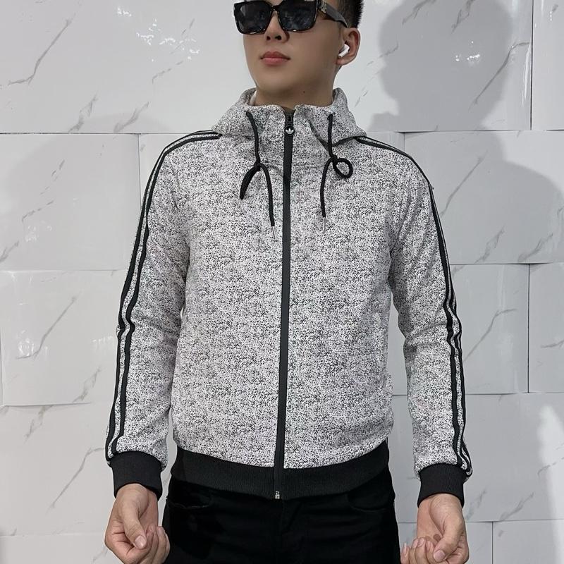 Áo Khoác A D Xám Trắng 3 sọc tay Khoá Logo Thêu Logo Ngực Cao Cấp Dày Dặn- Menswear Nam Jacket Cổ Cao- Ao khoac leather bomber