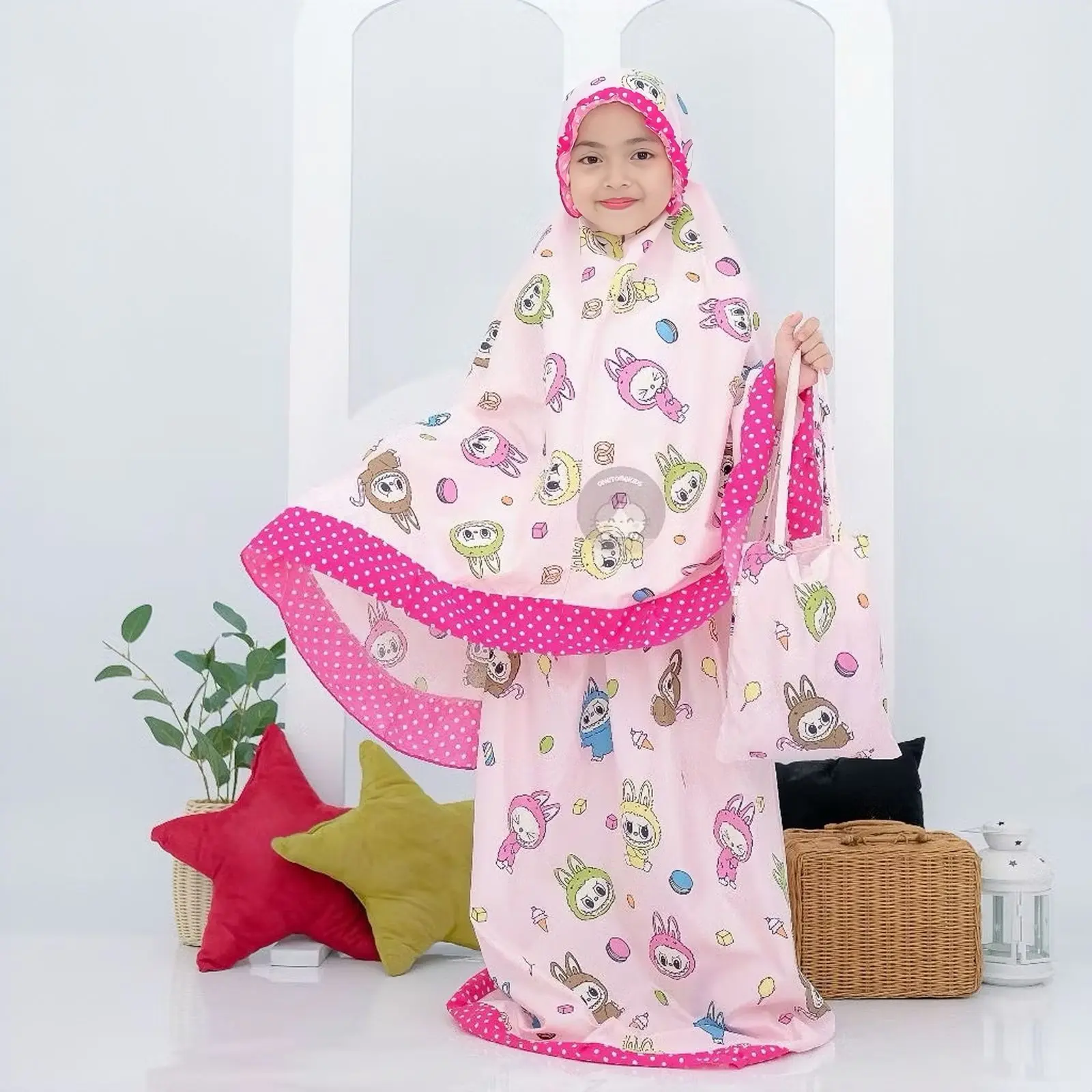 MUKENA LABUBU ANAK PEREMPUAN MUKENA ANAK MOTIF KARAKTER LUCU USIA 6 7 8 9 10 TAHUN Traveling Muslim Katun Mukenah Cantik Pink viscose rayon zura pink