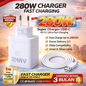 AMKE Charger Original 280W Super Fast untuk VIVO X200Pro/100/90S/80/70 dan iQOO 13/12/11/10/Neo9/Z8/7 S15/16/18/19/20 – Charger Ponsel 280W Super Flash