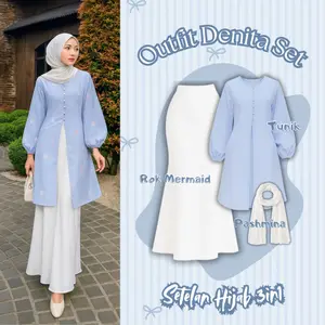 Sugaringcandyss - Outfit Wanita 3in1 Denita Set | Tunik Melayu, Rok Mermaid, Pashmina Ceruti | Setelan OOTD Perempuan Berhijab ORI