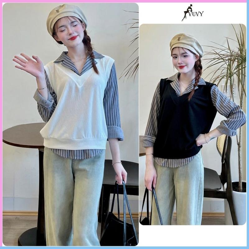 Áo thun nữ giả sơ mi kèm gile chất nỉ tăm form suông basic phong cách Hàn quốc Nhung Women AT79 Top Kem Trắng