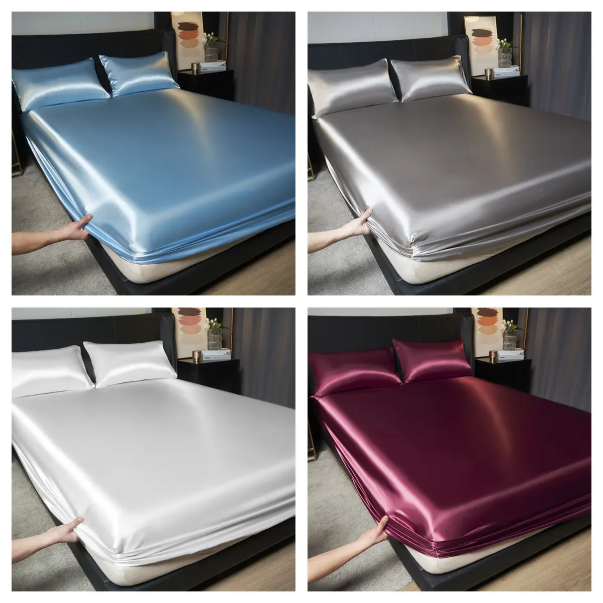 100% Ice filament cooling sheet 1050TC Ouiphynia Ice Silk Bed Sheet Standard imitation silk Fitted Sheet King Queen Twin Size Mattress cover 1pec pillowcase machine wash white sheets & pillowcases sheets & pillowcases satin  sheets