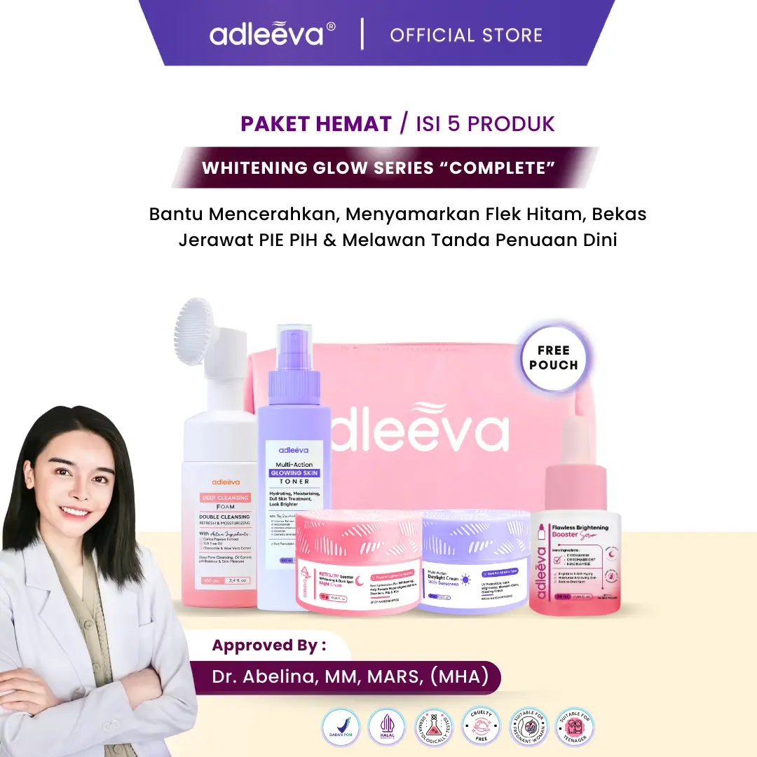 ADLEEVA Paket Hemat Whitening Glow Booster Series “COMPLETE” (Paket Hemat Isi 5) - Mencerahkan bantu samarkan flek hitam dan bekas jerawat secara maksimal BPOM HALAL
