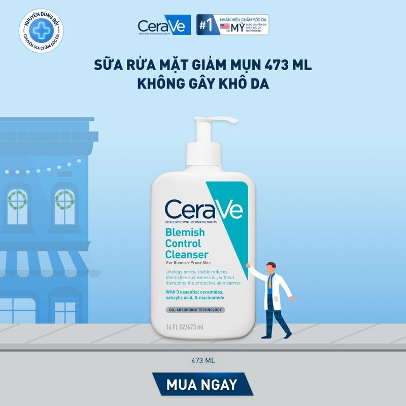 FlashSale Sữa rửa mặt giảm mụn CeraVe Blemish Control Cleanser 473ml. Sữa rửa mặt dịu nhẹ giúp làm sạch bã nhờn dư thừa và giảm mụn với AHA & BHA không làm tổn thương hàng rào bảo vệ da. DÙNG CHO DA MẶT_ Chăm sóc da_Skincare cho Nam và Nữ_Cleansing