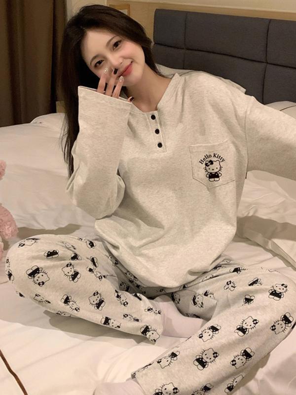 Đồ Bộ Mặc Nhà Nữ Nỉ Bông Mỏng Dài Tay Form Rộng Họa Tiết Mèo Hello Kitty Dễ Thương Phong Cách Hàn Quốc