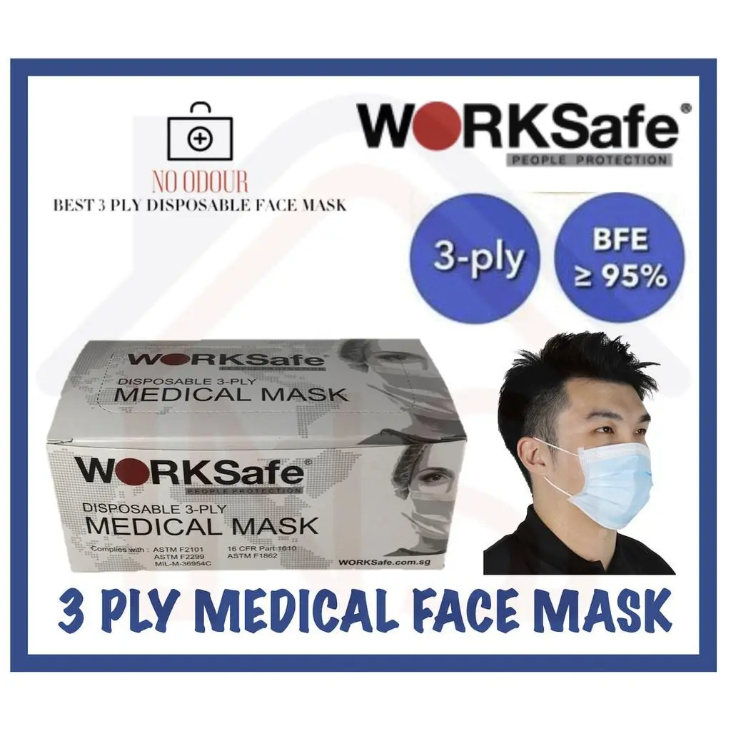 WORKSAFE Disposable 3 Ply Surgical Face Mask 95% BFE / High Quality Medical Mask 50pcs per Box