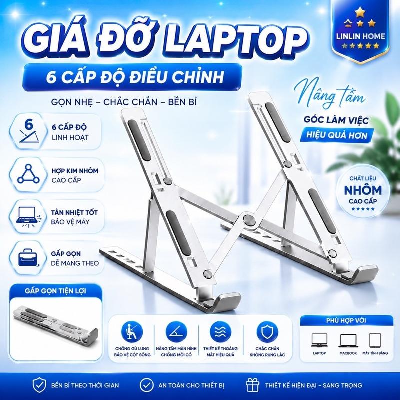 Giá Đỡ Laptop N3 Hợp Kim Nhôm Cao Cấp 16 Inch – Kệ Kê Máy Tính Xách Tay, 6 Mức Điều Chỉnh, Gấp Gọn Dễ Dàng