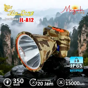 Senter kepala Jinlong JL A12 Series 350watt 15000mAh waterproof bahan aluminium charger USB-C cahaya terang baterai tahan lama