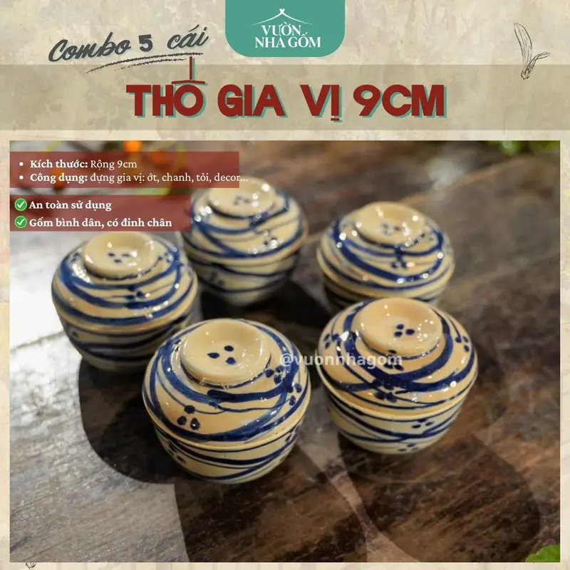 Bộ 5 thố đường kính 9cm thủ công, đựng gia vị size nhỏ 0