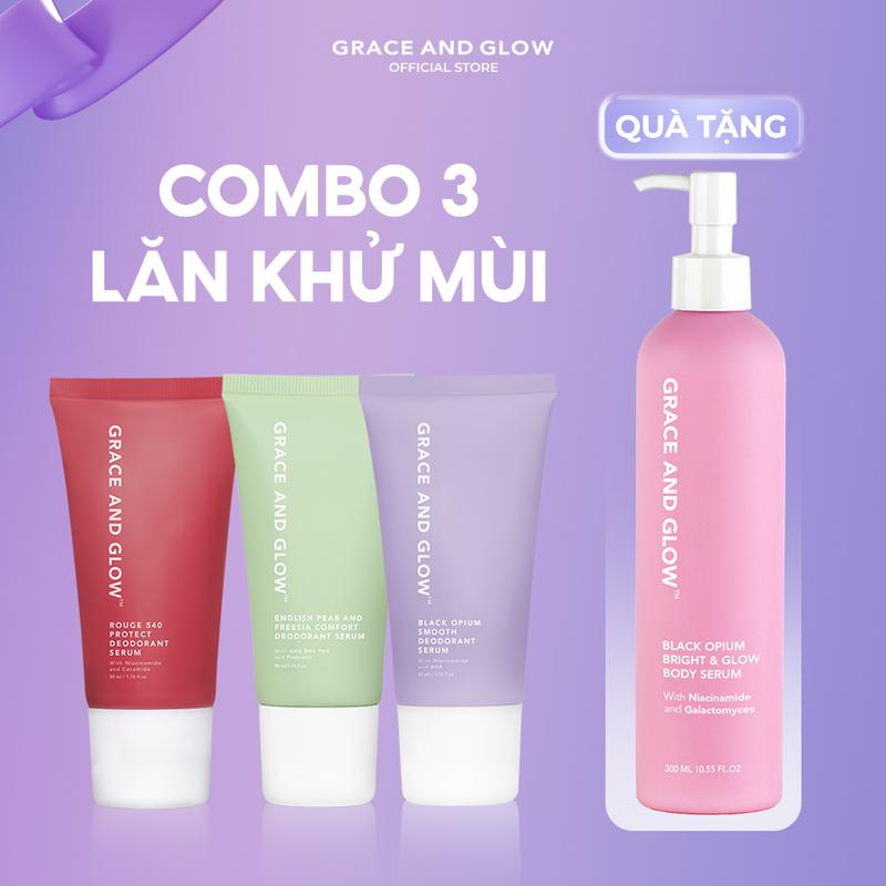 Tặng Quà Chỉ có trong Livestream Combo 3 loại lăn khử mùi Grace and Glow Smooth Deodorant Serum tặng dưỡng thể 50ml+50ml+50ml+300ml