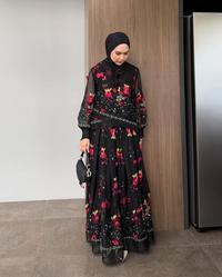 Gambar GONEGANI OFFICIAL - Dress Wanita Motif Bunga Bahan Organza Tissue Floral Embroidery Halwa Dress - Mocca dari gonegani_NEW Kota Bandung 2 Tokopedia