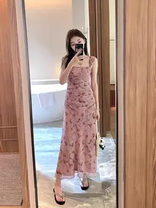 7838 dusty pink floral dress for women summer dress outfit beach sleeveless dress korean casual midi dress pantai bunga bunga 2xl wanita kekinian Gaun Panjang