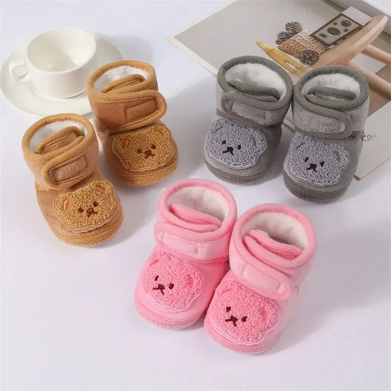 Thick Warm Baby Shoes Cute Bear Winter Coral Fleece Boy Girl First Walkers Soft Sole Plush Anti-Cold Baby Shoes