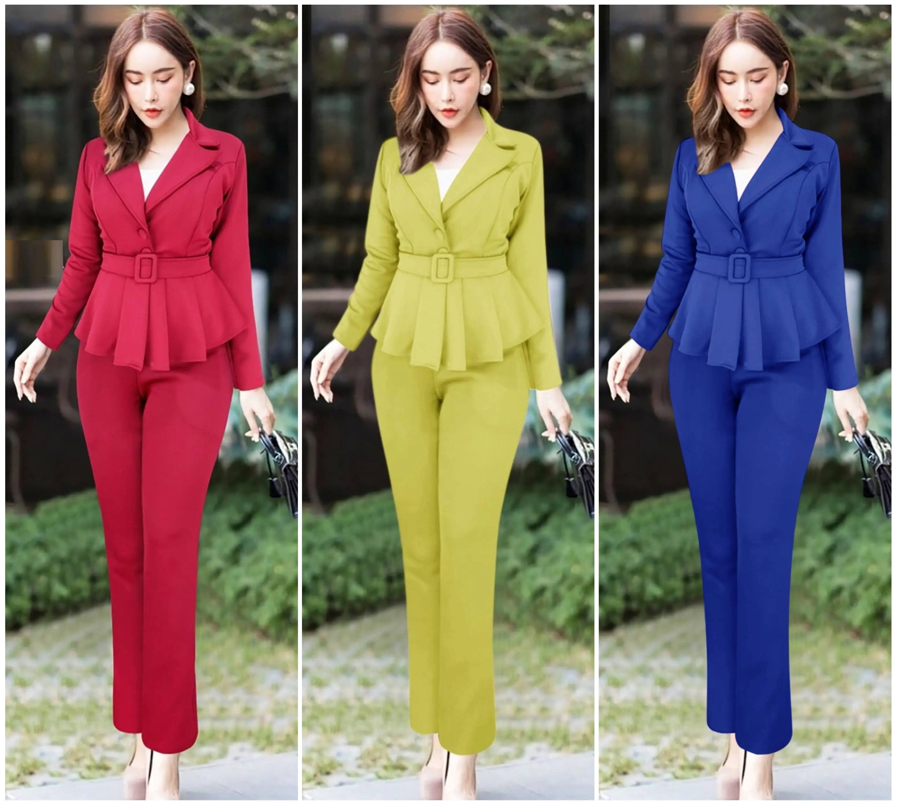 Setelan Blazer Scuba Lengan Panjang Wanita Terbaru+ Belt celana kantor