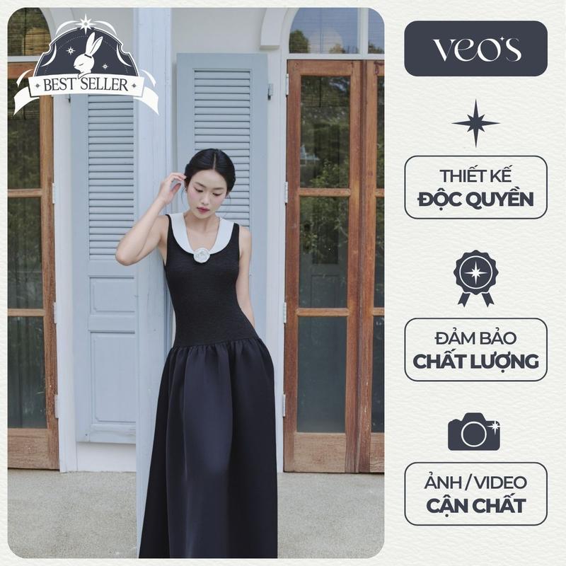 [VEO'S] LADY DRESS - Váy Xoè Dáng Dài Thiết Kế Nữ Veo's Cổ V Kèm Hoa Cách Điệu Thân Váy Cotton Tùng Váy Tafta Đi Chơi, Du Lịch