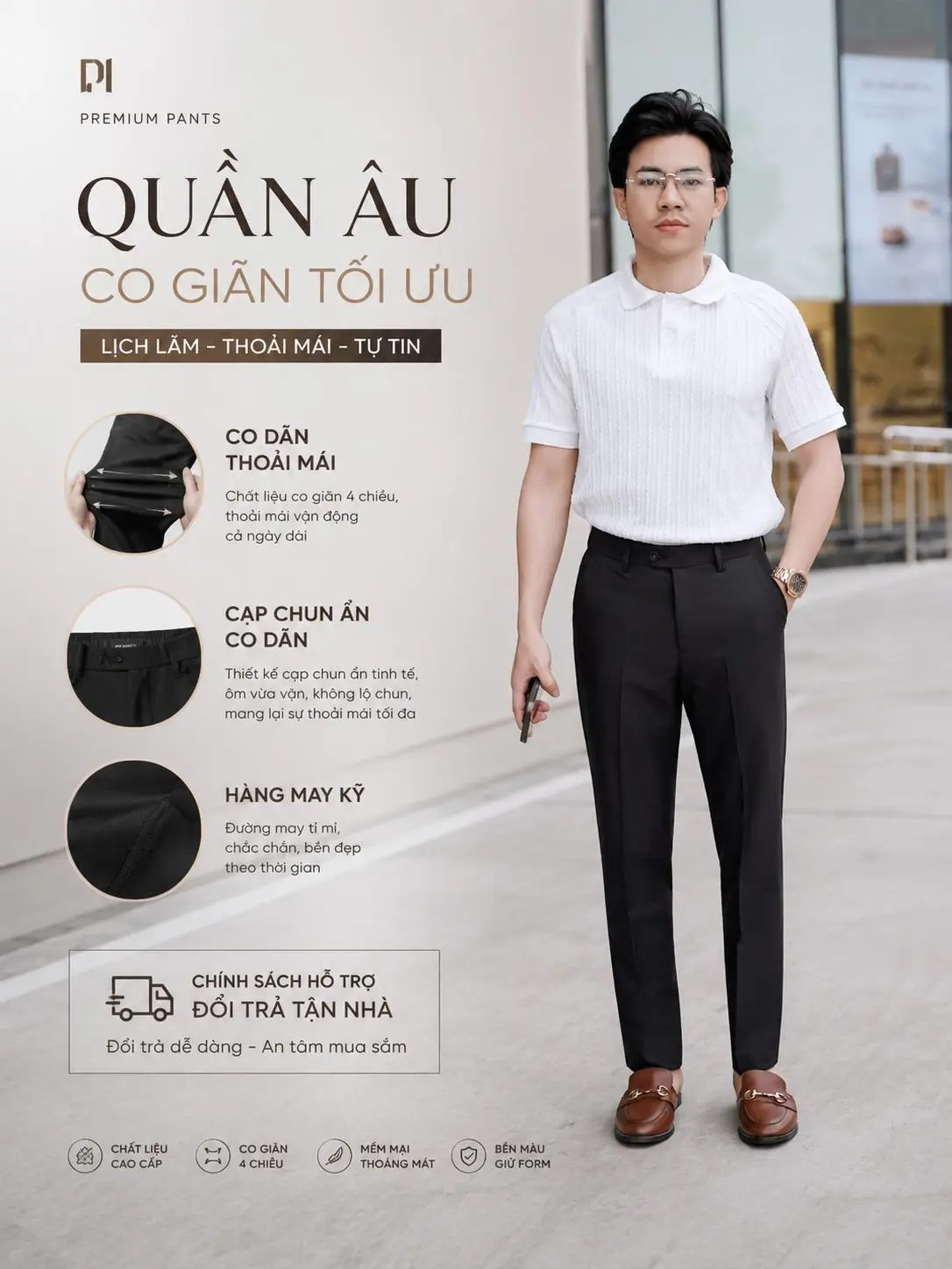 Quần Âu Nam Cạp Điều Chỉnh Vải Cotton Co Dãn 4 Chiều Chất Lượng Cao Form SlimFit