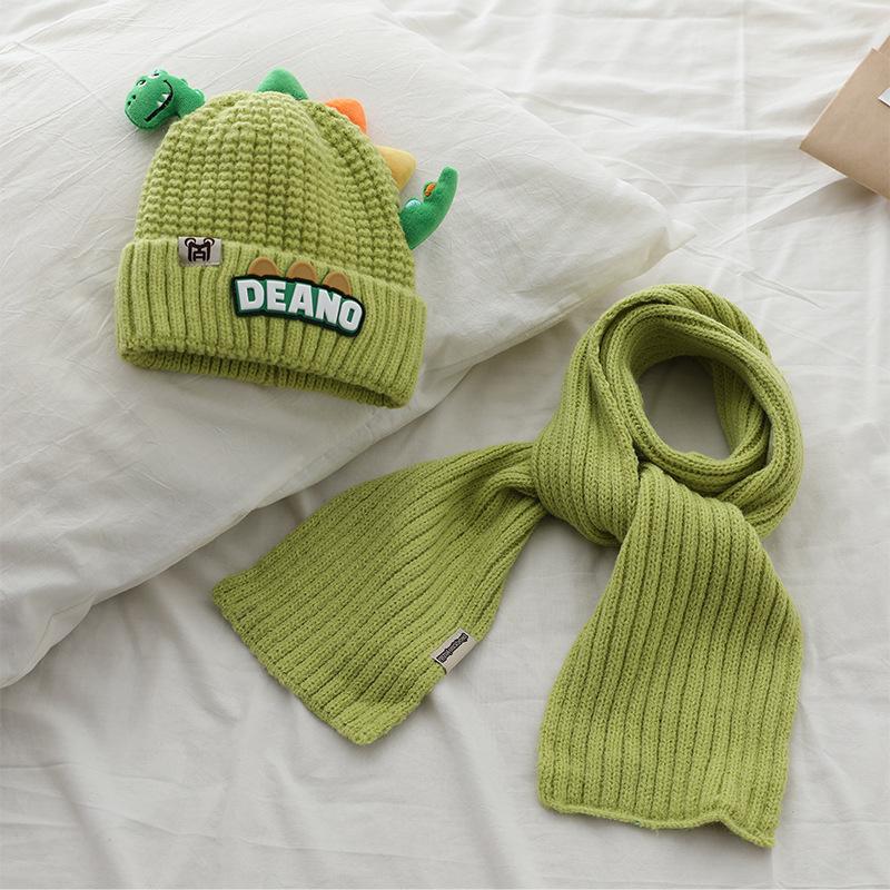 Product Introduction of 1-7Y 2Pcs Children Hat Scarf Set Cute Little Dinosaur Knitted Wool Cap Winter Warm Kids Neckerchief Boy Girl Baby Beanie 7