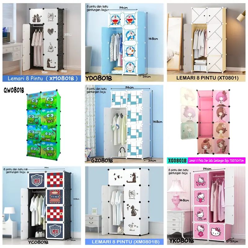 Mymy.Surabaya { COD } Lemari Baju Plastik PVC 8 Pintu Minimalis Motif Kartun | Lemari Baju Anak Portable Serbaguna 1