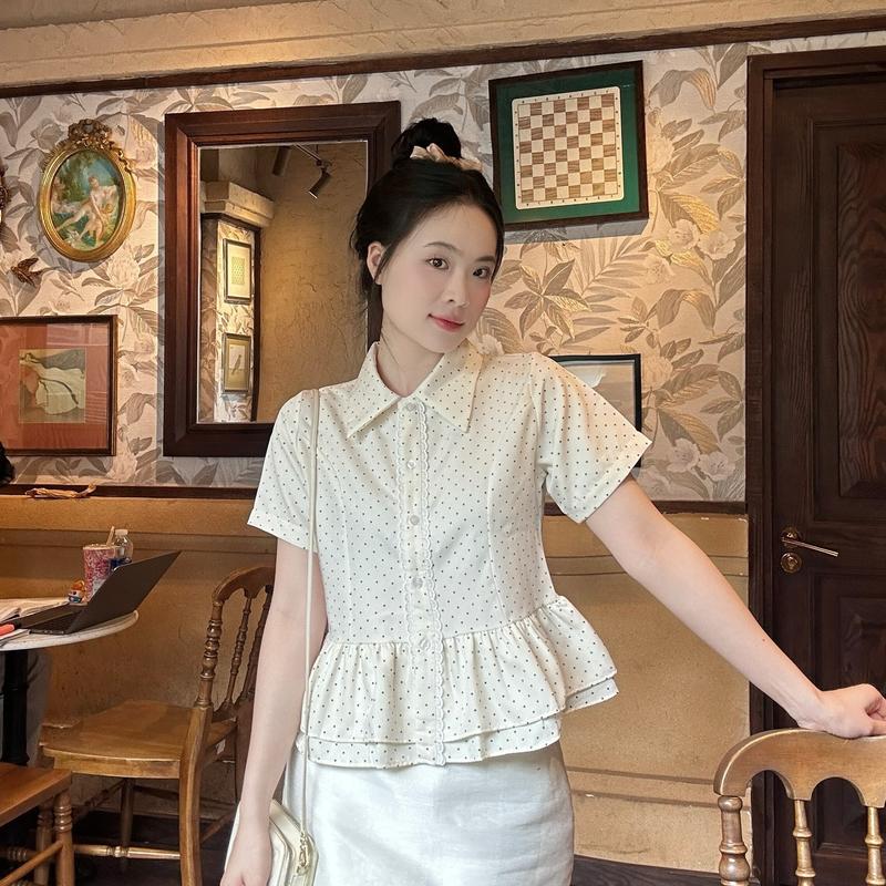 ( Mẫu mới) Áo sơ mi babydoll nữ chấm bi phối viền ren trẻ trung LAMO - B1462m