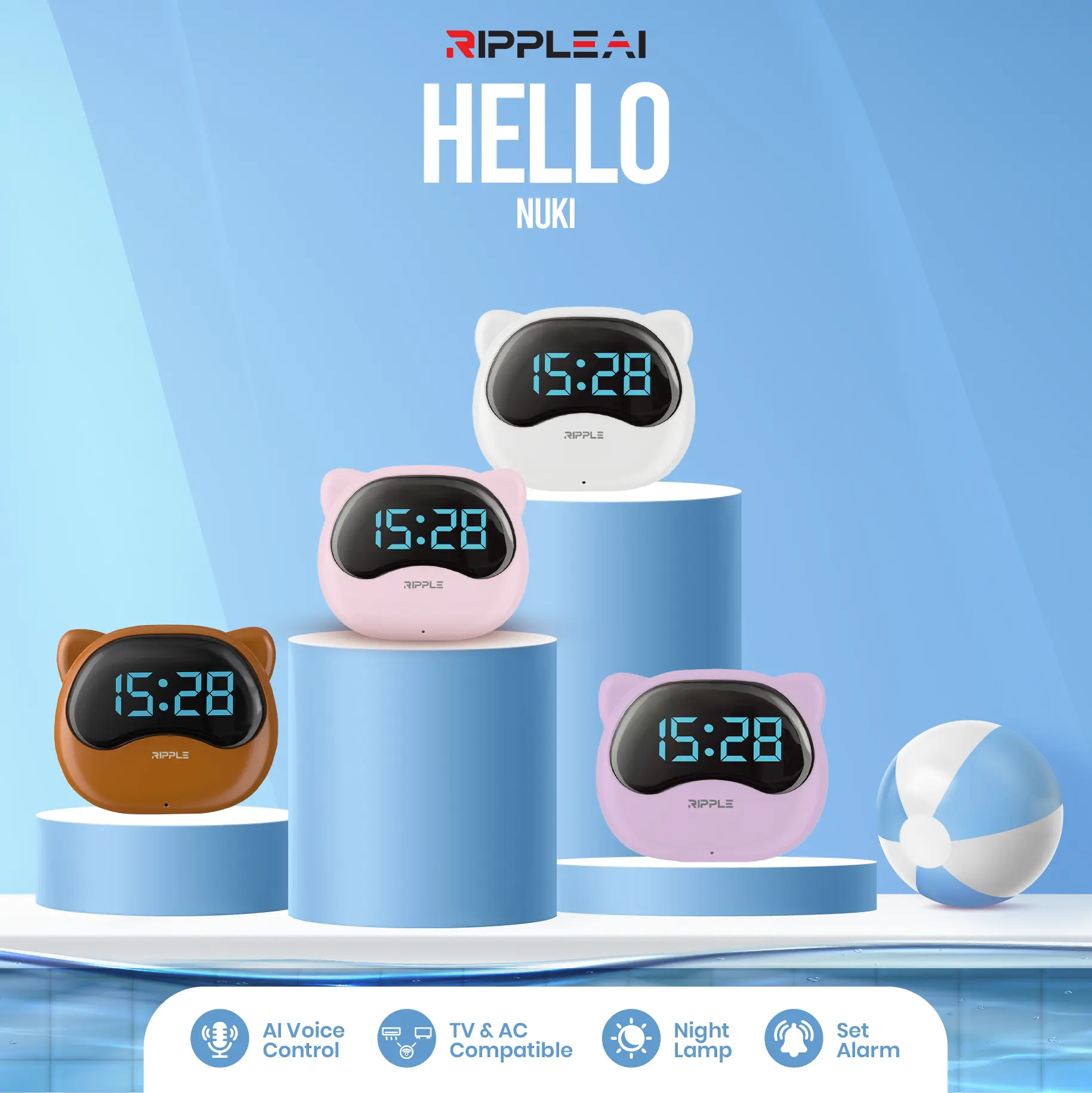 [Hello Nuki]Ripple Rippods Nuki Smart AI Remote RAI-N001 alarm clock Digital display Digital TV AC Night Lamp Bebek Pintar2.0  R1 USB kontrol suara  Garansi Smart Appliances