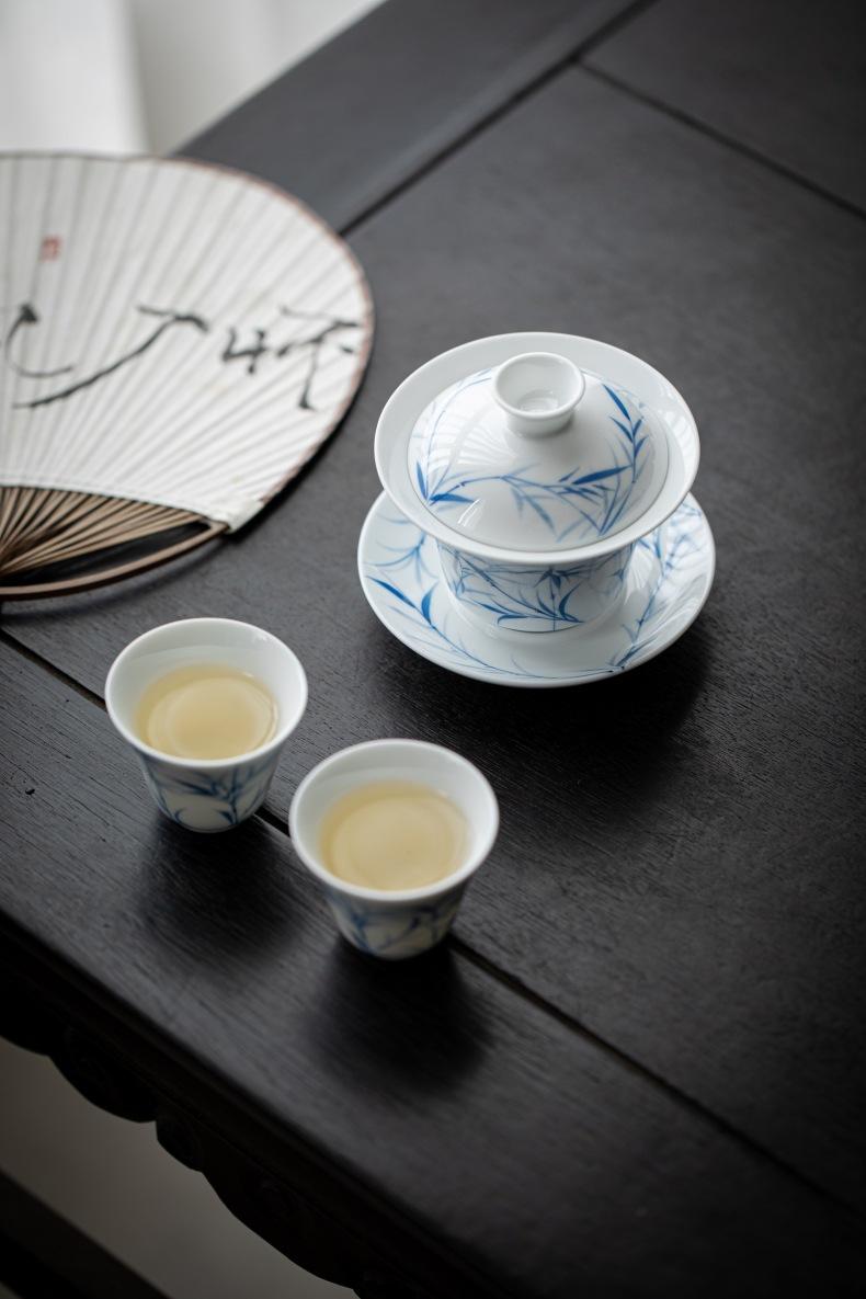 Product Introduction of Bamboo Sancai covered bowl hand-painted ceramic single large high-end Dehua white porcelain tea bowl Kung Fu tea set gift 23