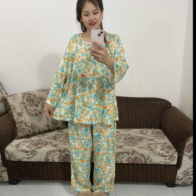 H-93.Đồ Bộ Tole Lanh Quần Dài Áo Tay Dài Nữ Mặc Nhà Size 63-120kg . Màu Sắc Họa Tiết Da Dạng.