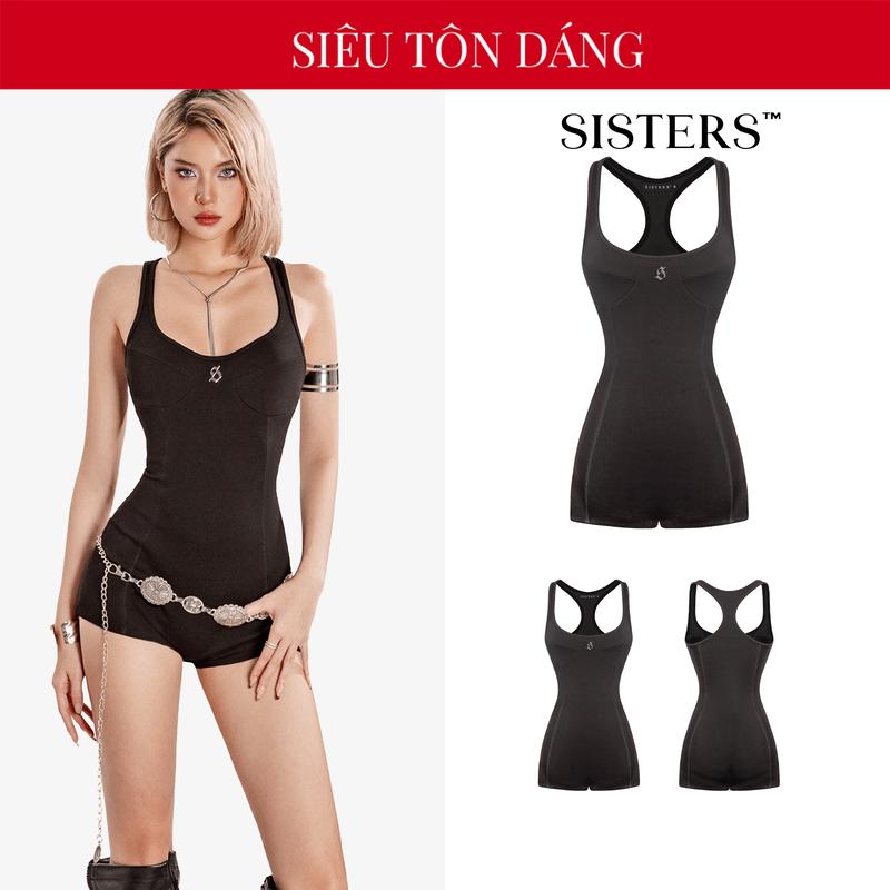 Jumpsuit nữ ngắn dáng ba lỗ SISTERS màu đen thiết kế cổ tròn đường viền tôn ngực quyến rũ Patrick SIS-CLUB | SS-J54