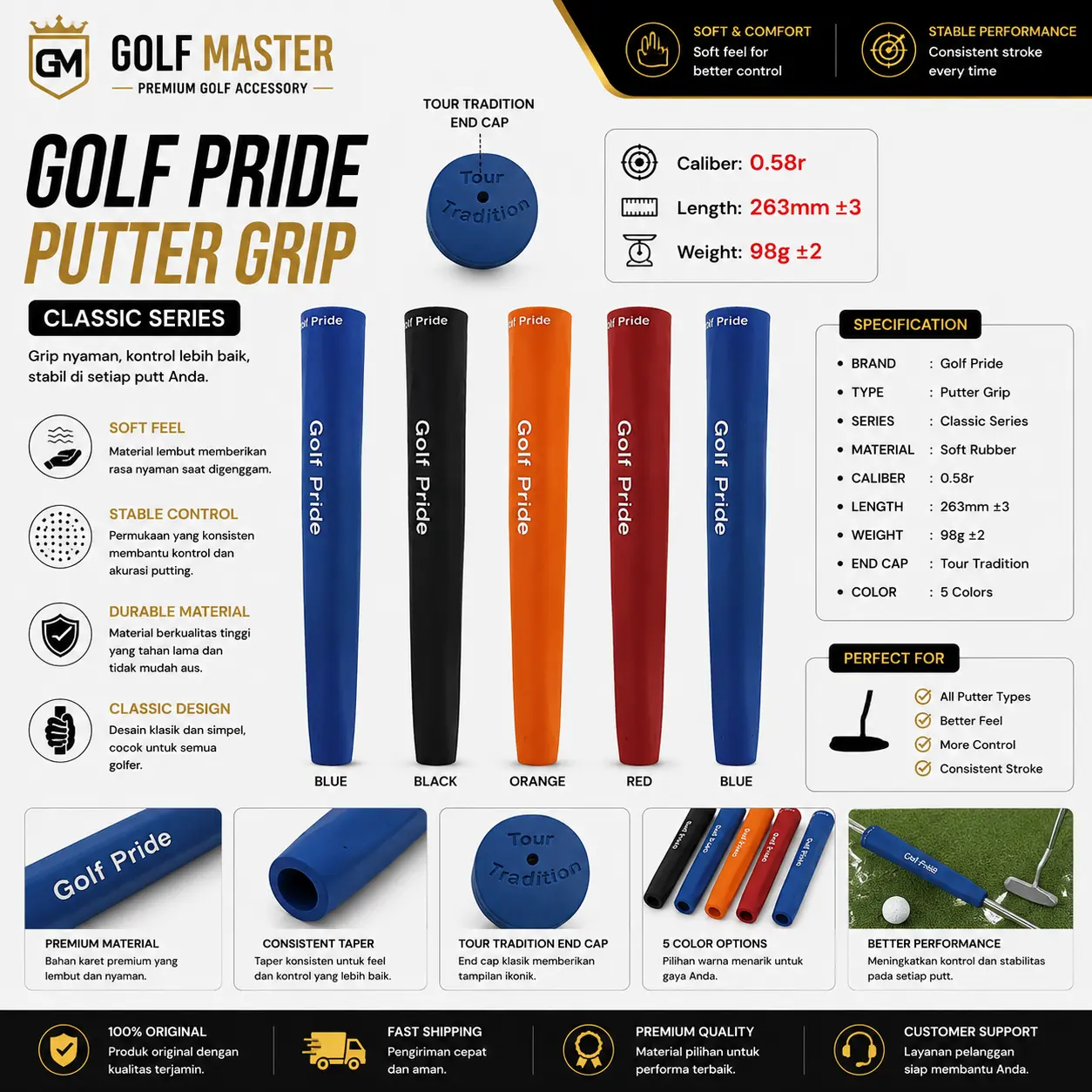 Grip Putter Golf Pride Tour Tradition | Golf Master | Grip Putter Golf Premium Anti Slip
