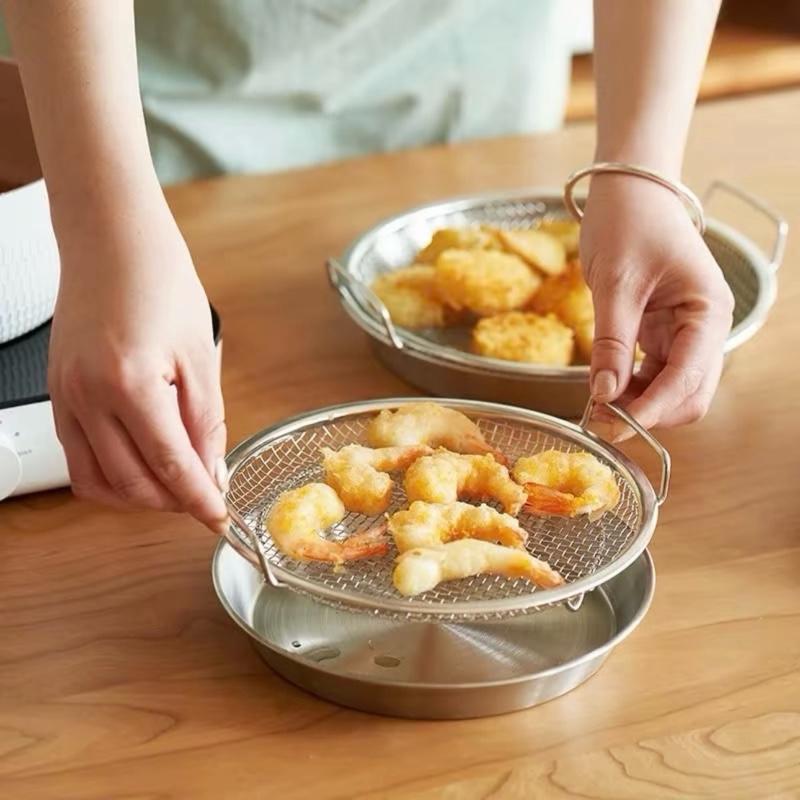  Set Khay   Tặng Kèm Vỉ Lưới Lọc Dầu   Chất Liệu Inox ~ 304 Cao Cấp size 20cm Rổ Lỗ - TT79 