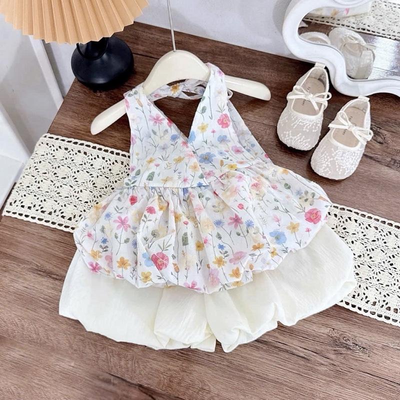 [Hahakids] Set áo yếm hoa buộc nơ sang chảnh phối quần bí màu kem cho bé gái