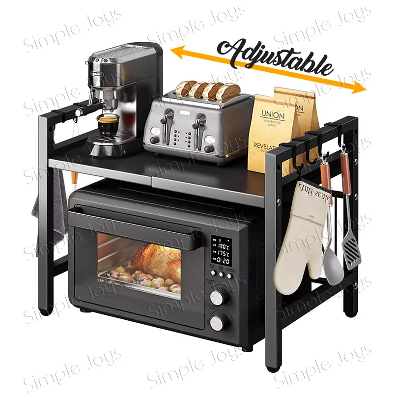 Microwave Rack With Adjustable Length and Height Kitchen Storage Oven Shelf Metal Organiser DIY Installation with Utensils Hangers
