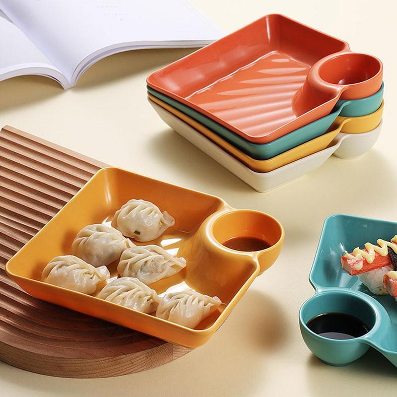 Product Introduction of Household Creative Dumpling Plate With Vinegar Dish, Dumpling Plate, French Fries, Dipping Saucer, Sushi Grid Plate, Square Universal Dining Plate 39