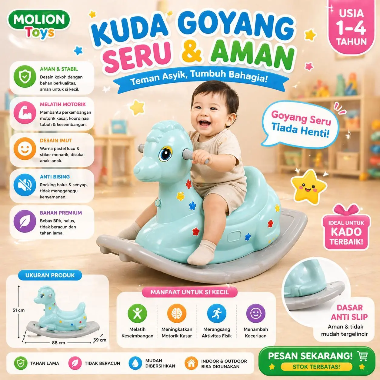 Mainan Jungkat-jungkit Model Kancil M1003 Anak Kuda Bahan Plastik 2 Pilihan Warna Dan Model Kuda Untuk Anak 1-6 Tahun Berat Hingga 40 Kg