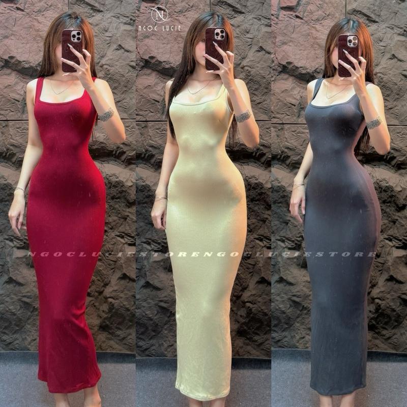 D1050 - Đầm Body Cổ U Dây Bảng Xẻ Tà Basic Tôn Dáng - Ngọc Lucie