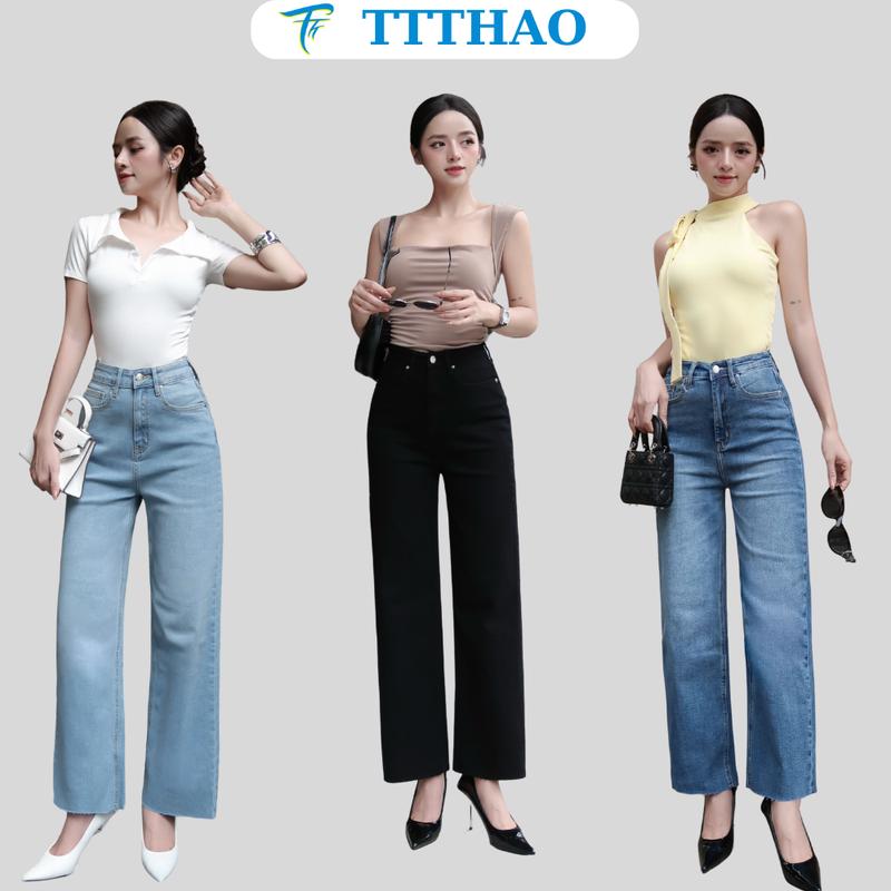 Quần jeans nữ ống suông cắt lai TTTHAO 9 tấc cao cấp dài 90cm cho chị em nấm lùn kiểu dáng quần bò VNXK J5