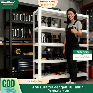 Elite Wood IND Rak Susun Besi Siku 5 Susun Anti Karat Kapasitas Besar Desain Snap-On Struktur Terbuka Multi-Layer Baja Karbon & HDF 8mm Cocok untuk Barang Besar di Rumah