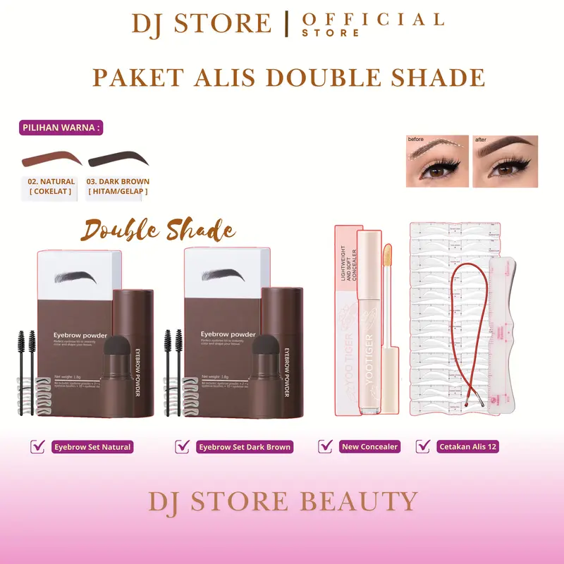 [ DAPAT 2 SHADE WARNA EYEBROW NATURAL & DARK BROWN ] Paket Alis 2 Shade Warna Eyebrow Powder + Cetakan Alis Tali 12 + Concealer 0