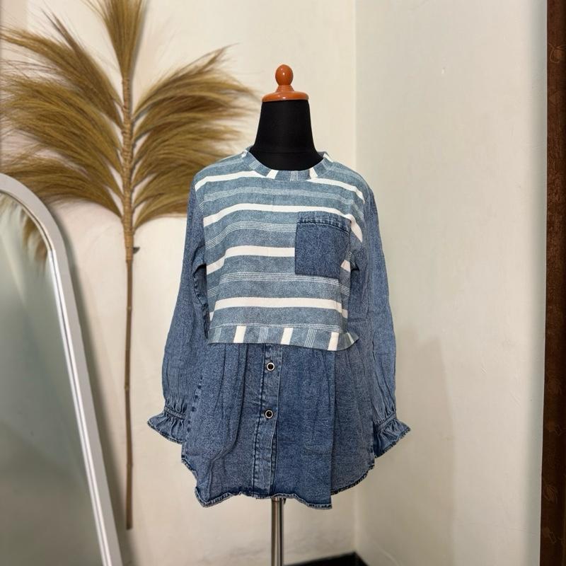 Jeany Blouse Denim - atasan wanita lengan panjang simpel dan casual baju cewek kekinian Top Muslim Kombinasi 0