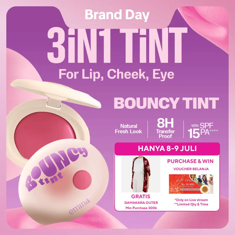 NEW! Emina Bouncy Tint 3 in 1 Lip, Cheek, & Eye - Blurry Lip Color, Lasting Stain, dilengkapi dengan SPF 15 PA+++, Marshmallow Mochi Pudding Longlasting Blush On Lip Tint Eye Shadow 0