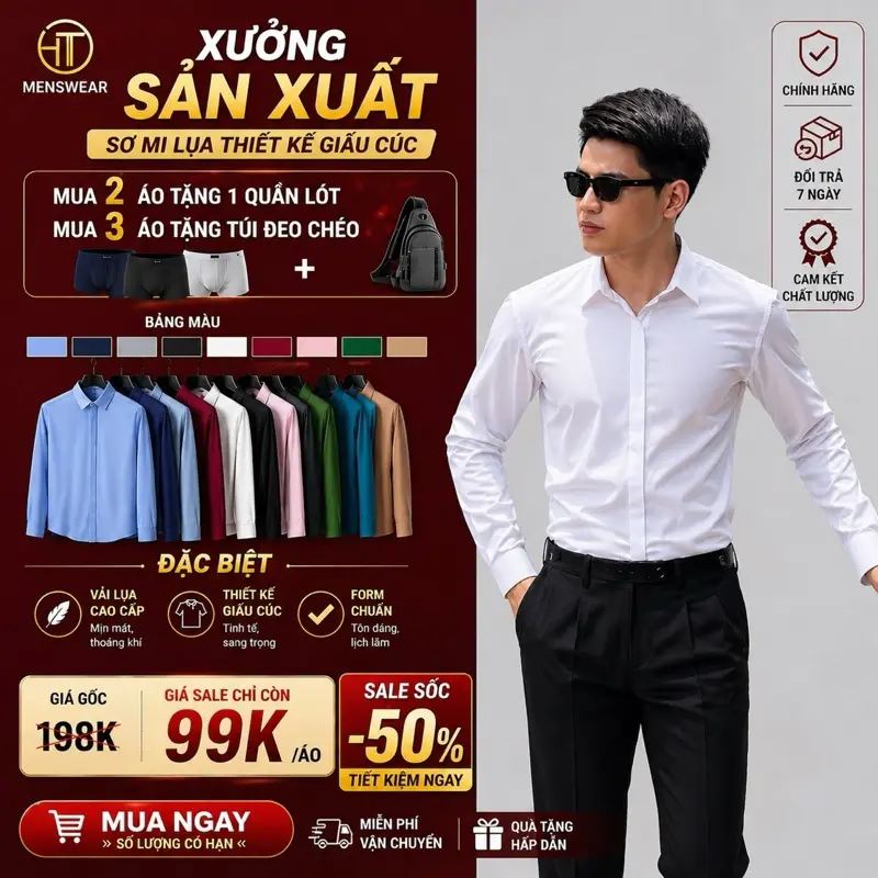 Áo sơ mi nam dài tay 12 màu ẩn si chất vải lụa trơn thời trang nam HTMenswear Shirt/Trắng