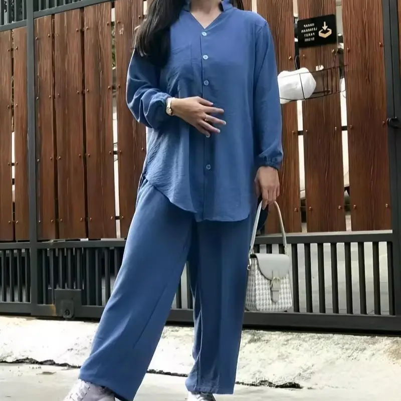 KEMEJA SETELAN WANITA DEWASA JUMBO - ATASAN WANITA DEWASA - STELAN DEWASA BAHAN CRINKEL AIRFLOW Baju Celana Panjang Kerah Balon  Crinkle Standar Linen Casual Bawahan Nyaman Variasi Blazer 3