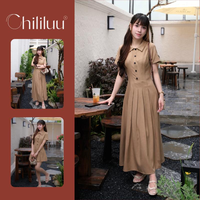 Váy nữ Chililuu cổ sơ mi tay ngắn dáng xòe phong cách nữ tính thanh lịch